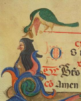 Missal 515 42r A fantastical bird perched above a cloaked figure, detail of decorated initial 'R' an 15th