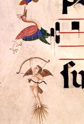 Missal 515 f.5r A Cherub shooting a stork with a bow and invisible arrow detail of