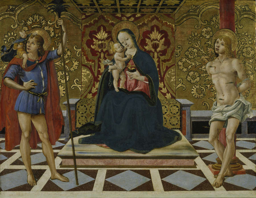 Thronende Madonna mit Kind und den Heiligen Christophorus und Sebastian von Fiorenzo di Lorenzo