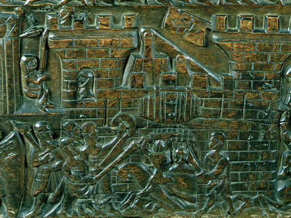 The Courtrai Chest depicting the attack of the Courtrai garrison, during the Battle of the Golden Sp von Flemish School