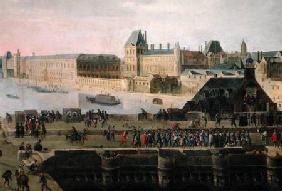 View of the Pont-Neuf and the River Seine looking downstream, detail of the bridge and the Louvre c.1633