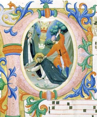 Missal 558 f.68v Historiated initial 'P' depicting the assassination of St. Peter the Martyr von Fra Beato Angelico