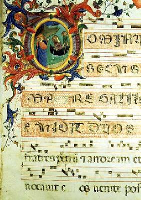 Ms 558 f.9r Historiated initial 'O' depicting the Calling of St. Peter and St. Andrew with musical n early 1430