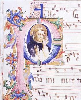 Missal 558 f.24v Historiated initial 'P' depicting a male saint 15th
