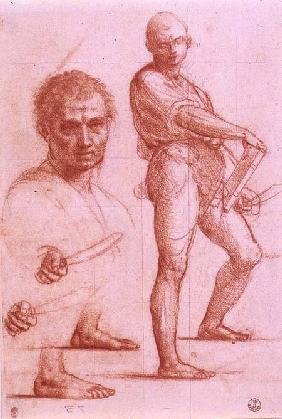 Study of a male holding a sword and a book, the sword and feet rehearsed twice, and a male head and a male