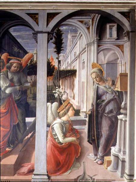 The Annunciation, detail of Angel Gabriel and Virgin von Fra Filippo Lippi
