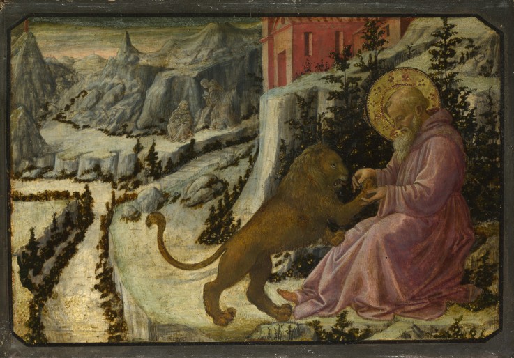 Der Heilige Hieronymus und der Löwe (Predella des Altarbildes der Santa Trinità von Pistoia) von Fra Filippo Lippi