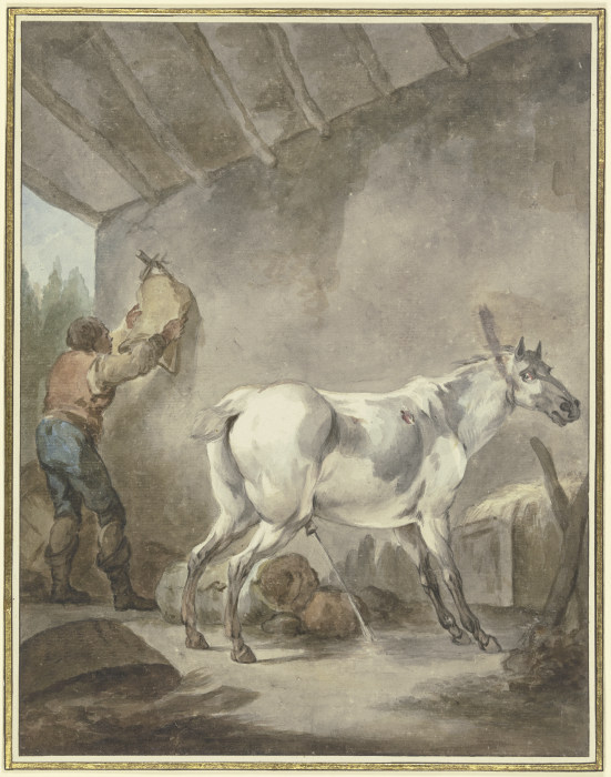 Ein stallender Schimmel mit einem Bauern, der einen Sattel aufhängt von Francesco Giuseppe Casanova