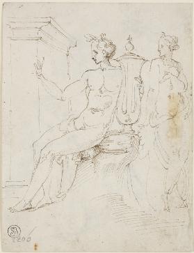 Sitzender Apoll mit Lyra und eine stehende Frau, links eine Mauer (aus Szenen der Marsyaslegende nac