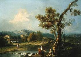 An Italianate River Landscape with Travellers