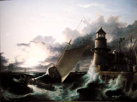Boat by a Lighthouse, a Squall Going Off von Francis Danby