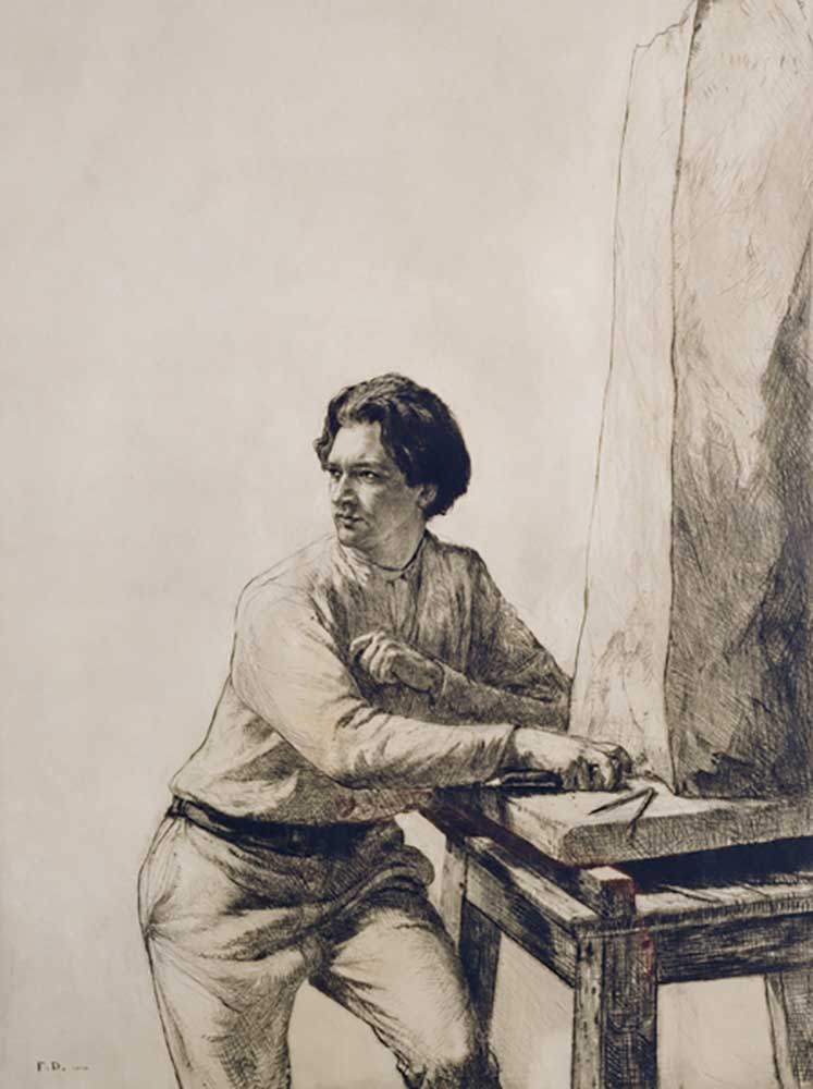 Porträt von Jacob Epstein (1880-1959) 1909 (Kaltnadelradierung in dunkelbrauner Tinte) von Francis Dodd
