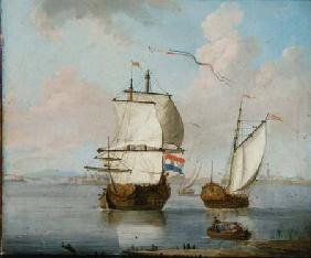 A Dutch East Indian man and a Royal Yacht in an Estuary with a Town Beyond