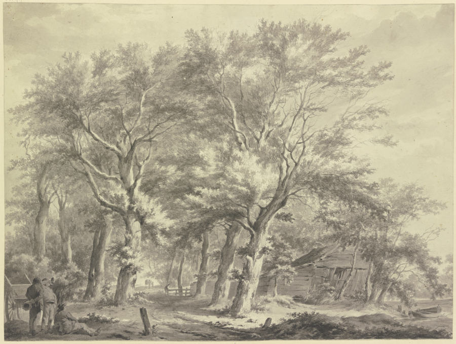 Weg durch einen Wald, rechts eine windschiefe Hütte, links drei Bauern bei einem Wagen von Franciscus Andreas Milatz