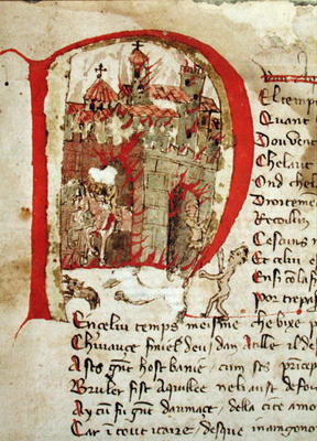 Ms Est 27 W 8.17 f.1r Historiated initial depicting Attila the Hun (c.406-453) burning the city of A von Franco-Italian School, (15th century)
