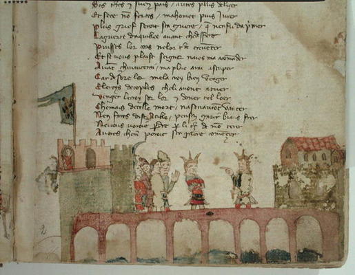 Ms Est 27 W 8.17 f.2r A Meeting on a Bridge, from 'The War of Attila' by Nicola da Casola (vellum) von Franco-Italian School, (15th century)