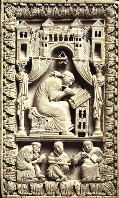 St. Gregory writing with scribes below, Carolingian von Franco-German School