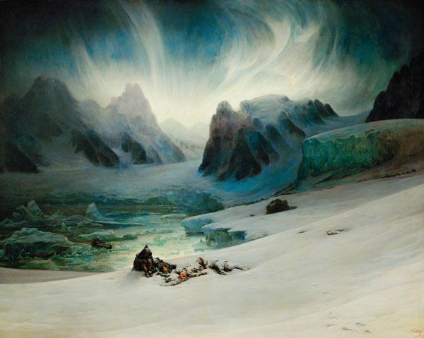 Blick von der Gräberhalbinsel über die Magdalenenbai im Norden von Spitzbergen bei Polarlicht 1841