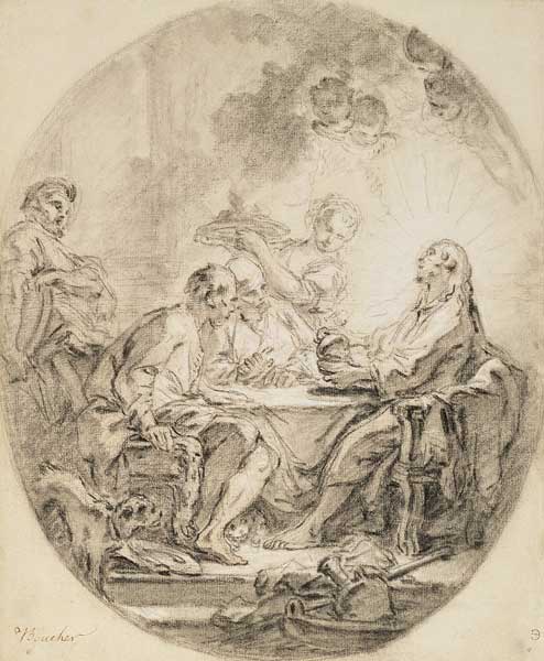 Pilgrims in Emmaus (black and white chalk and sanguine) von François Boucher