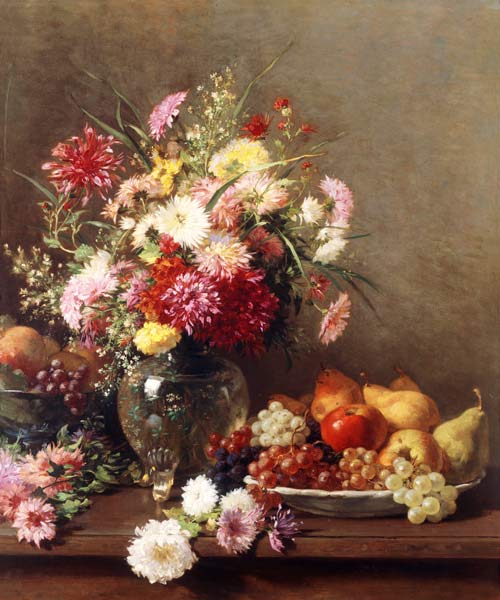 Chrysanthemen in einer Glasvase und ein Teller mit Obst von Francois Furet
