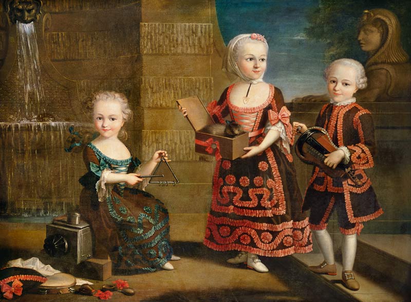 A Girl with a Marmoset in a Box, Girl with Triangle sitting on a Magic Lantern and a Boy with a Hurd von François-Hubert Drouais