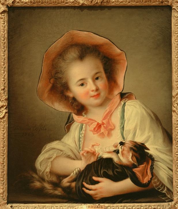 Jungens Mädchen mit einer Katze spielend von François-Hubert Drouais