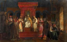 Die offizielle Anerkennung der Ordensregeln von Orden der Templer durch den Papst Honorius II. auf d 1840