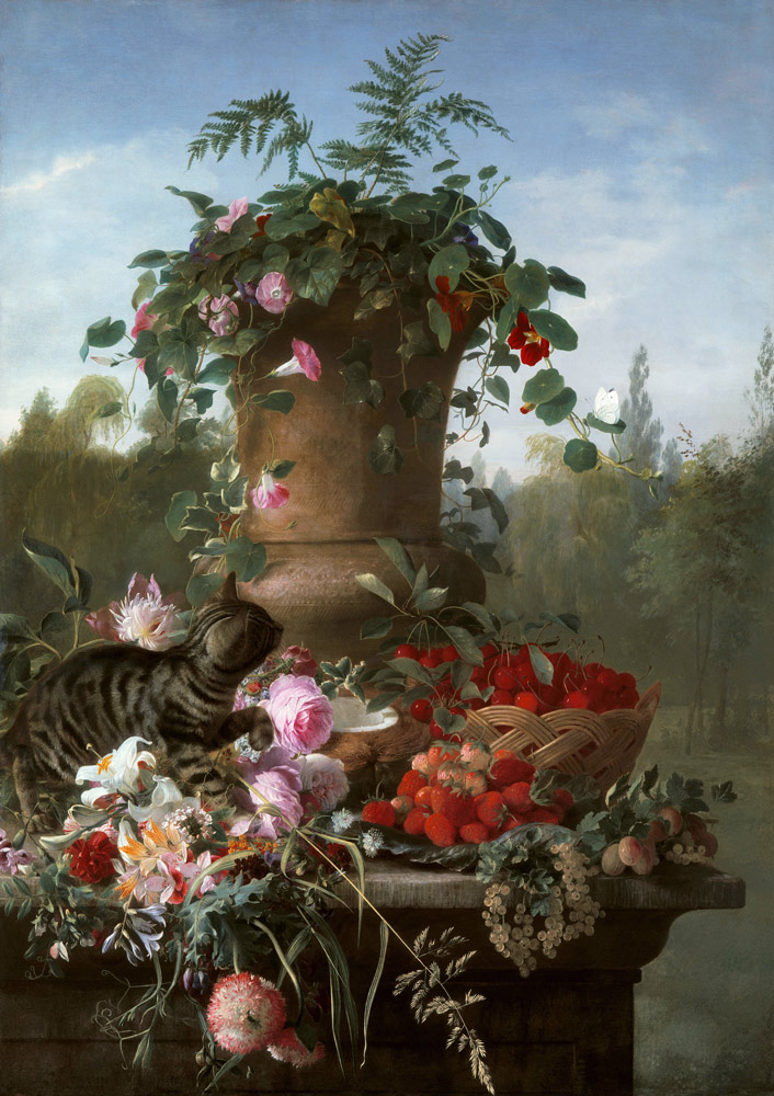 Stillleben mit Blumen und Früchten auf einer Steinplatte von Francois Antoine de Bruycker