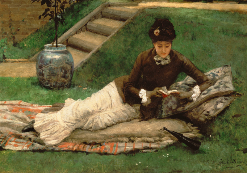 The Novel, A Lady in a Garden reading a book von Frank Dicey