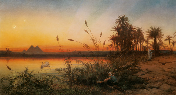 Blick von der Insel Roda zu den Pyramiden von Gizeh bei Sonnenuntergang von Frank Dillon