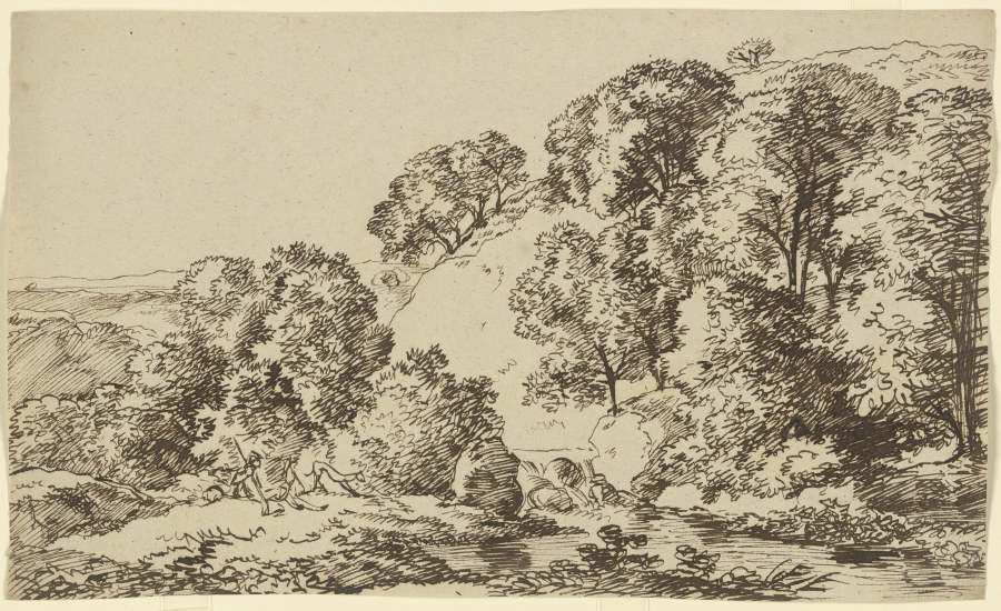 Baumbestandener Hügel, im Vordergrund ein Gewässer mit lagernden Wanderern von Franz Innocenz Josef Kobell
