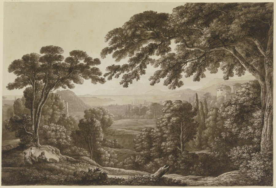 Baumreiche Berglandschaft mit Ruinen von Franz Innocenz Josef Kobell