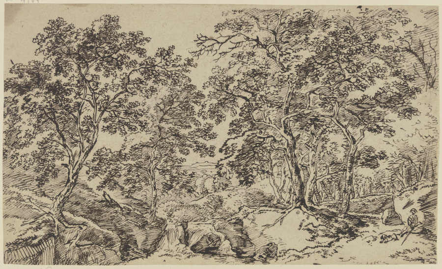 Baumreiche Landschaft, rechts ein sitzender Mann mit Hund von Franz Innocenz Josef Kobell