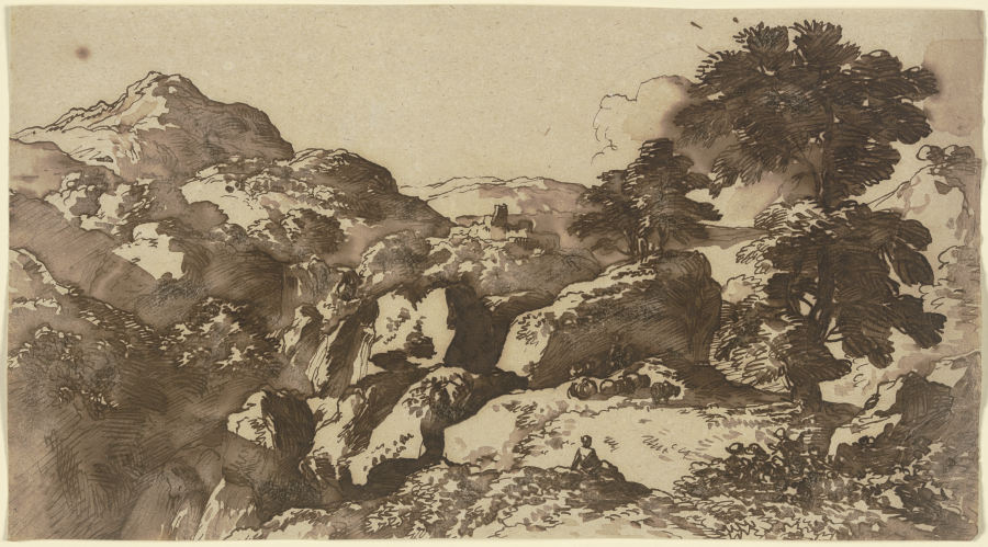 Berglandschaft mit weidenden Schafen, im Mittelgrund eine Burg von Franz Innocenz Josef Kobell