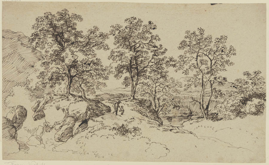 Ein Mann und ein Kind auf einem Weg unter Bäumen von Franz Innocenz Josef Kobell