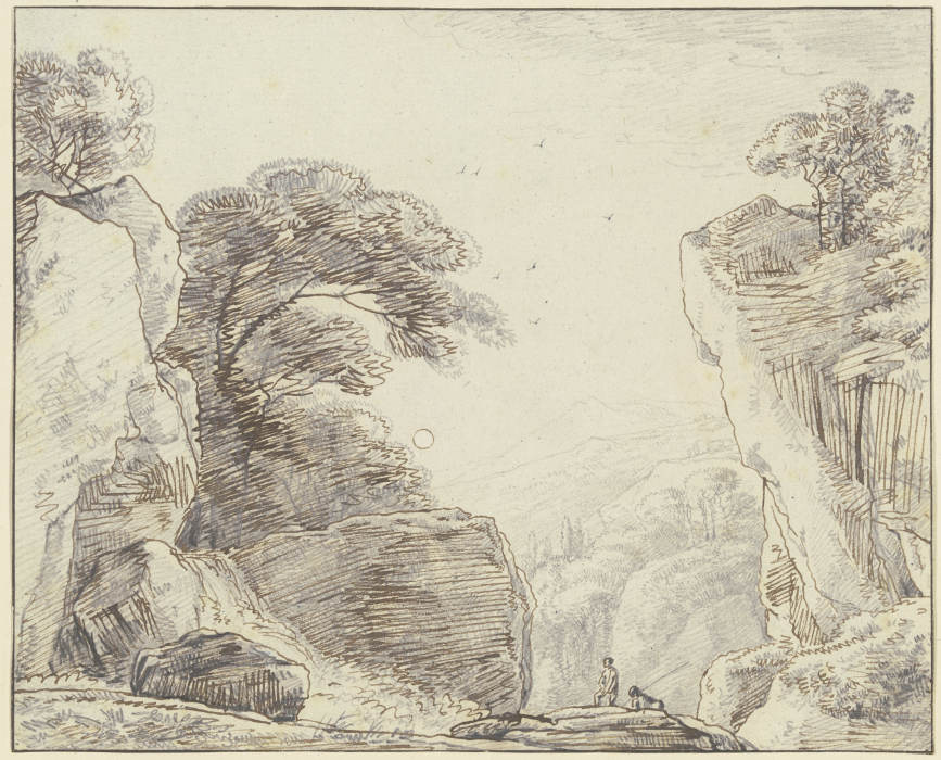 Felsige Gebirgslandschaft, im Vordergrund zwei Figuren von Franz Innocenz Josef Kobell