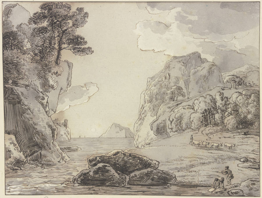 Felsige Uferlandschaft, im Vordergrund zwei Angler von Franz Innocenz Josef Kobell