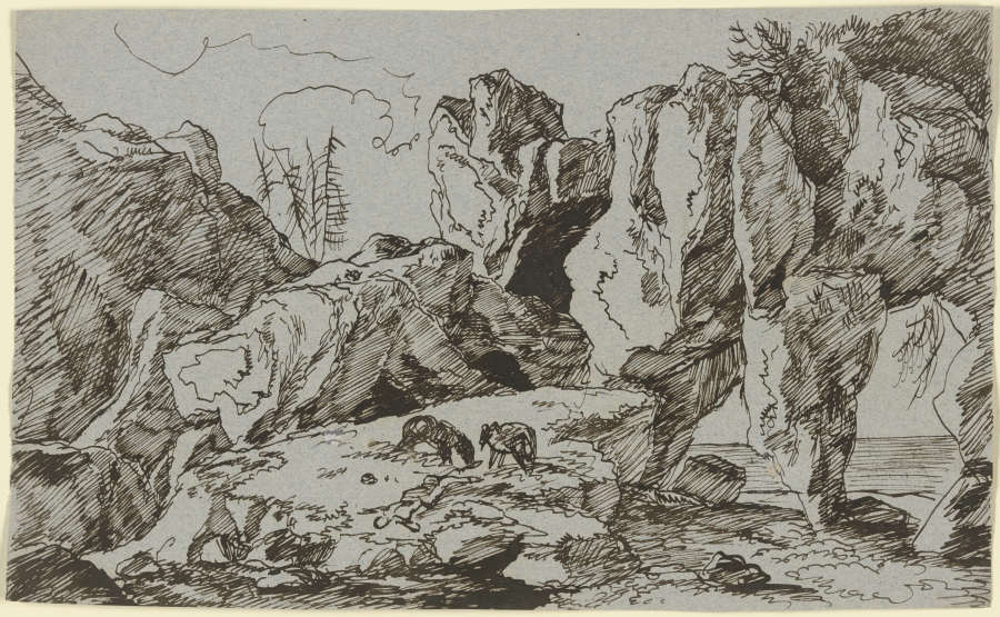 Felsküste mit abgestorbener Vegetation und weidenden Tieren von Franz Innocenz Josef Kobell