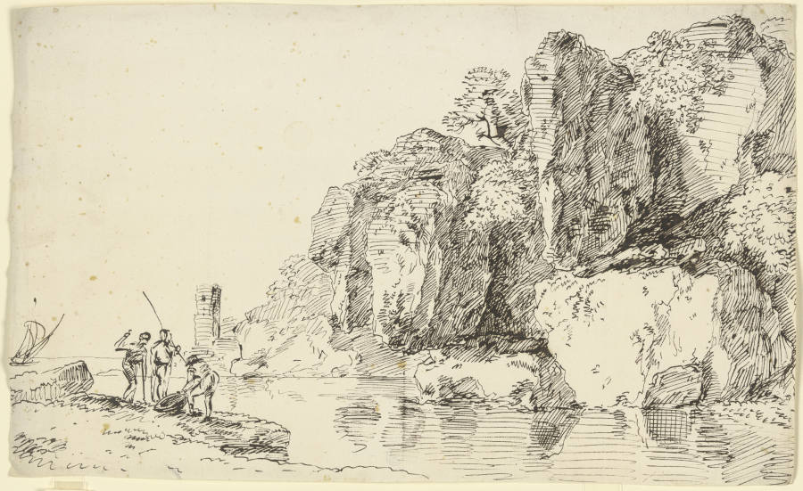 Felsküste mit Leuchtturm, im Vordergrund drei Fischer von Franz Innocenz Josef Kobell