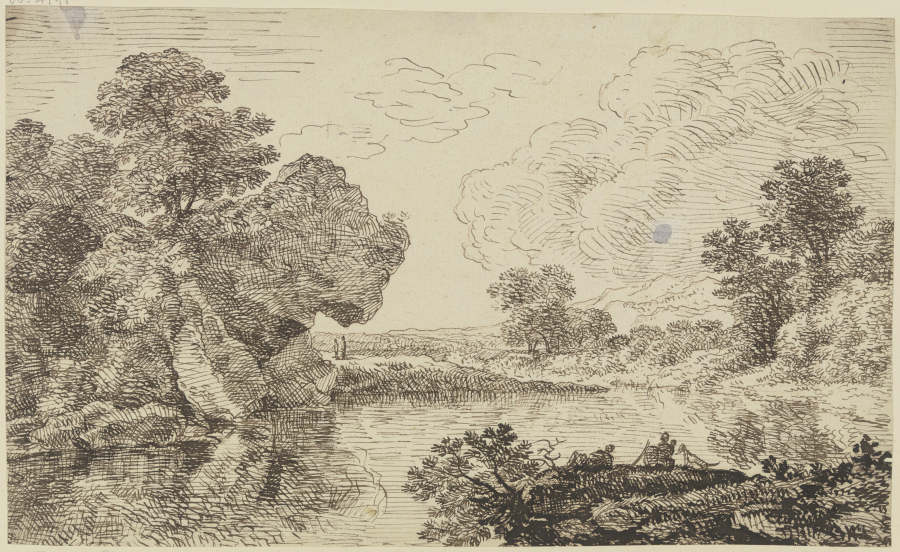 Flußlandschaft mit großem Felsen und Staffagefiguren von Franz Innocenz Josef Kobell