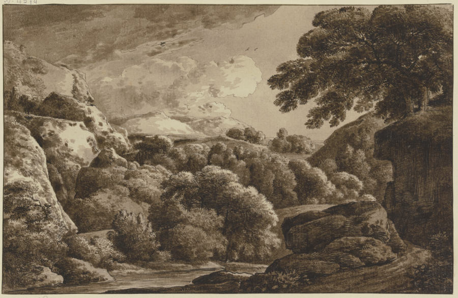 Gebirgslandschaft mit Felsen und Gebüsch von Franz Innocenz Josef Kobell