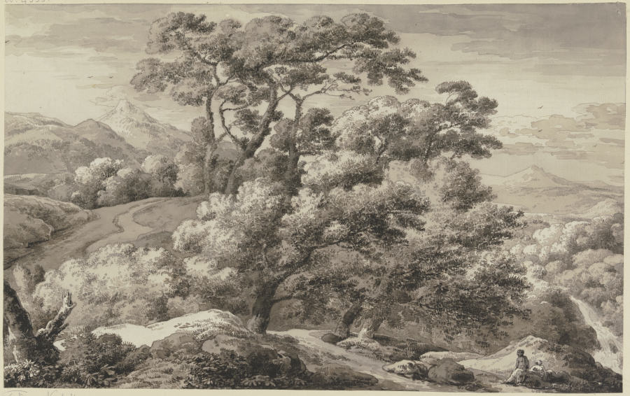 Gebirgslandschaft mit hohen Bäumen von Franz Innocenz Josef Kobell