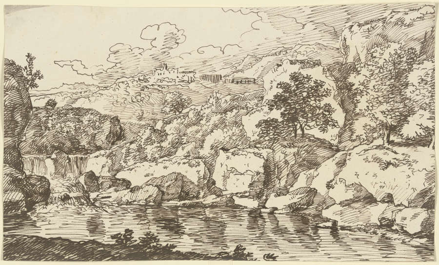 Gewässer, in der Ferne auf einem Berg eine festungsartige Anlage von Franz Innocenz Josef Kobell