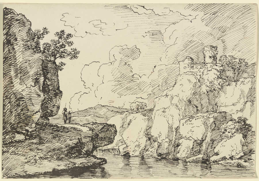 Gewässer, links auf dem Felsvorsprung zwei Wanderer, rechts auf dem Felssporn eine Burgruine von Franz Innocenz Josef Kobell