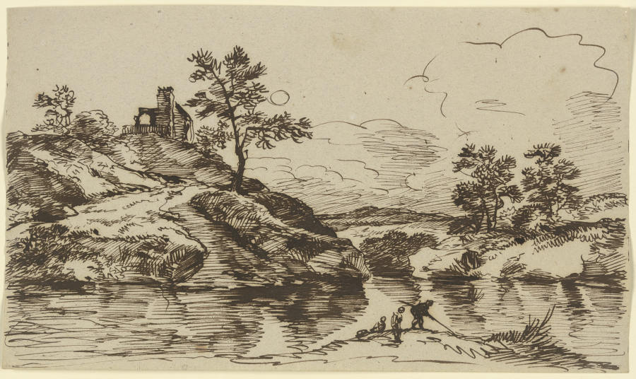 Gewässer mit Anglern und einem am gegenüberliegenden Ufer erhöht gelegenen Gebäude von Franz Innocenz Josef Kobell