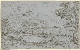 Gewässer mit Anglern und einer Wäscherin, im Hintergrund ein Gebirge
