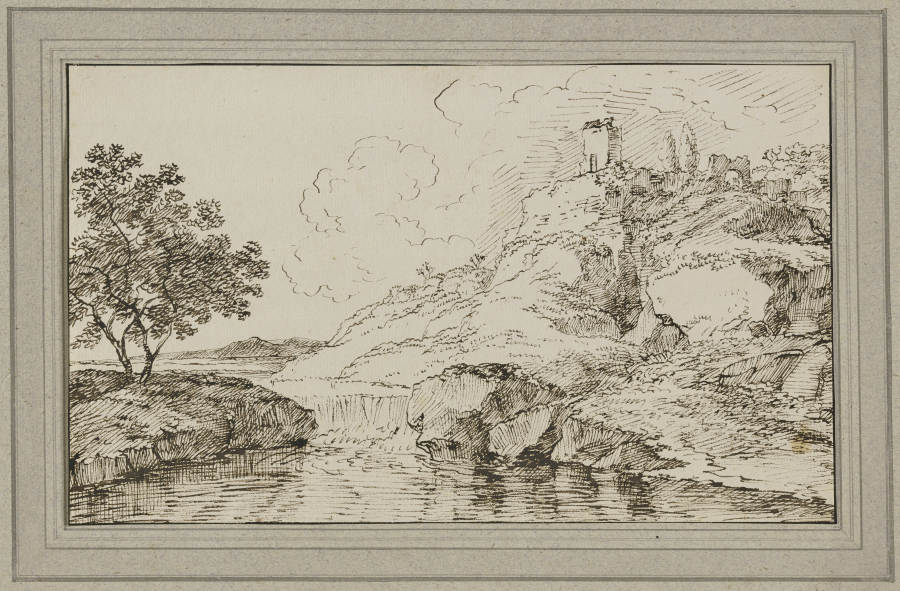 Landschaft mit Wasserfall, rechts auf dem Berg eine Ruine von Franz Innocenz Josef Kobell