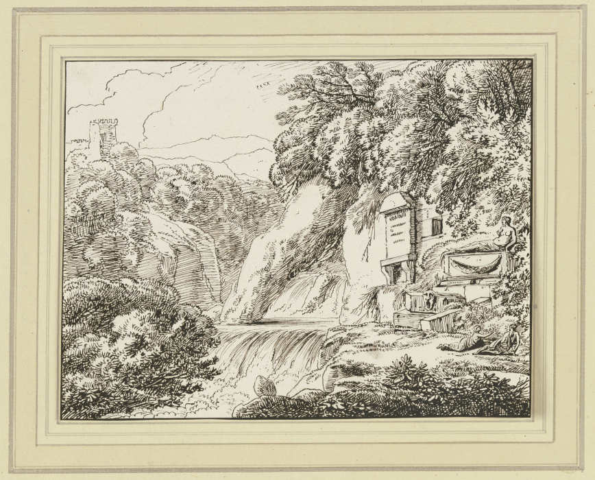 Landschaft mit Wasserfall, rechts ein Epitaph sowie ein Sarkophag von Franz Innocenz Josef Kobell