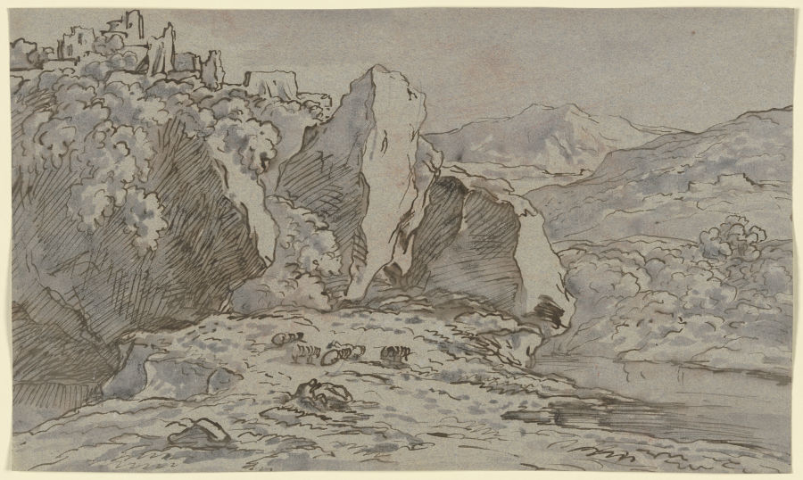 Ruinen auf einem Felssporn, davor eine weidende Herde, in einer Gebirgslandschaft von Franz Innocenz Josef Kobell