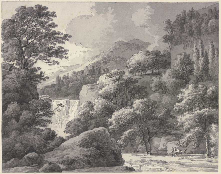 Waldige Gebirgslandschaft mit Wasserfall von Franz Innocenz Josef Kobell